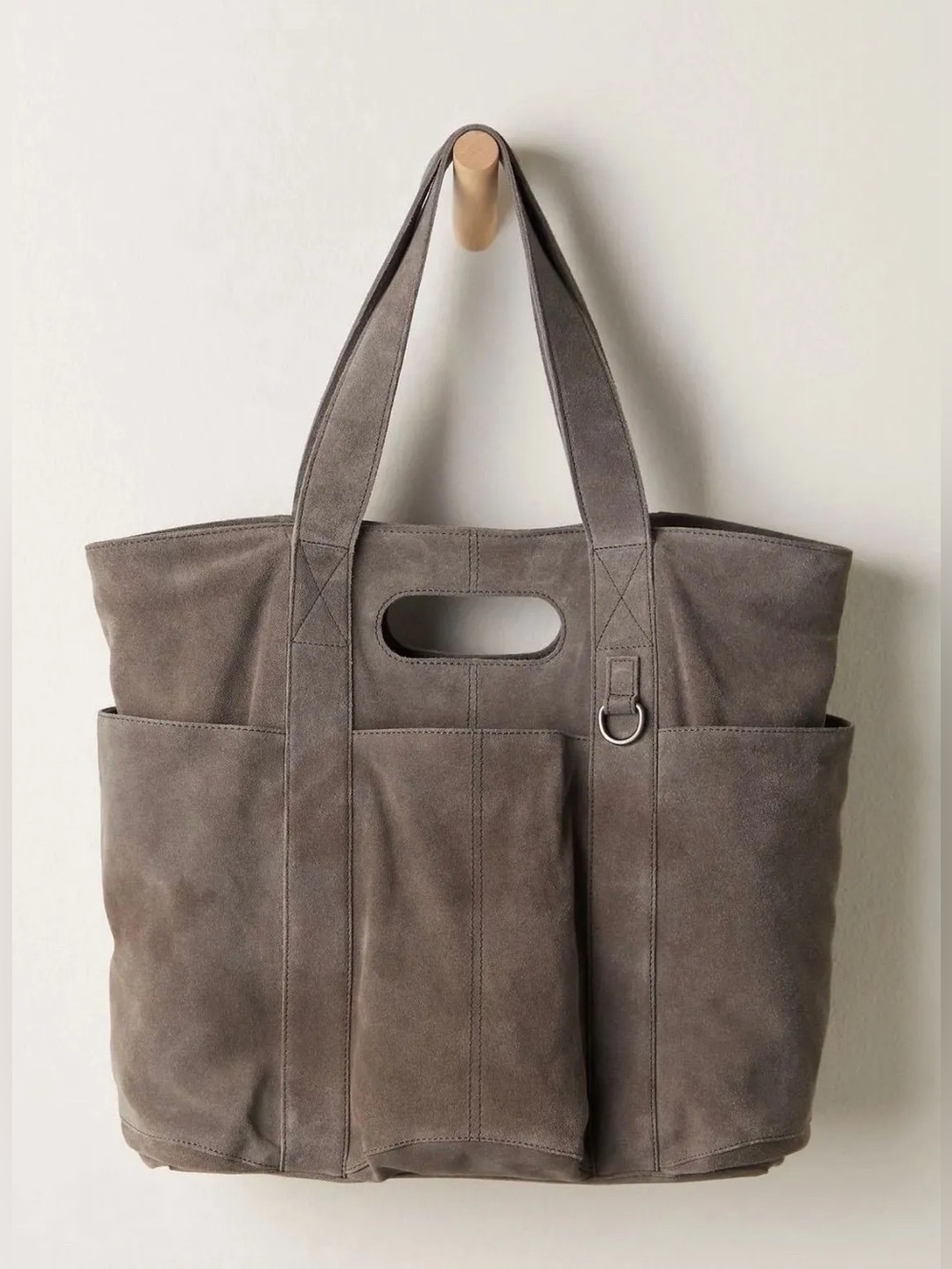 NWT new free people suede caravan tote bag gray large taupe real leather